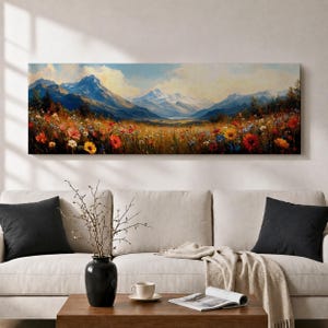 Tableau mural long et étroit représentant des fleurs sauvages alpines sur toile panoramique, décor rustique de chalet