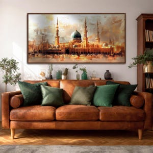 Masjid Al-Nabawi Panoramic Wall Art Green Dome Medina Extra Wide Framed Canvas Islamic Decor