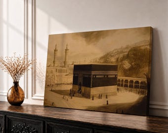 Kaaba Wall Art Pilgrims Framed Canvas Baitullah Vintage Makkah Islamic Home Decor