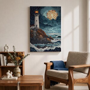 This artwork depicts a lighthouse on rocky cliffs overlooking the ocean with waves crashing below under a large glowing moon. The entire scene is rendered in a stained glass style with fragmented, colorful glass pieces forming the lighthouse, sky, moon, rocks, and sea, creating a mosaic effect.