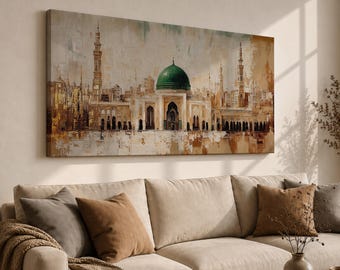 Masjid Nabawi Wall Art, Panoramic Mosque Canvas Print, Islamic Architecture Painting, Medina Green Dome Decor