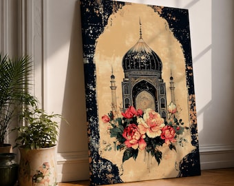 Islamic Mosque Wall Art Mughal Floral Arch Framed Canvas Vintage Boho Muslim Home Decor