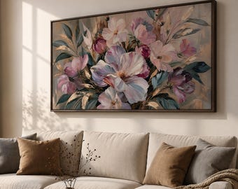 Elegant Floral Canvas, Blush Botanical Flower Painting, Neutral Luxury Wall Art Decor