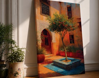 Moroccan Courtyard Canvas Wall Art, Orange Tree Marrakech Print, Riad Decor, Mediterranean Architecture Art, Colorful Morocco Wall Decor