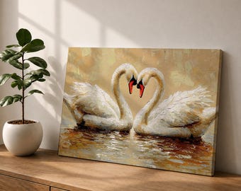 Swan Couple Wall Art Cygnus Framed Canvas Romantic Love Impasto Rustic Home Decor