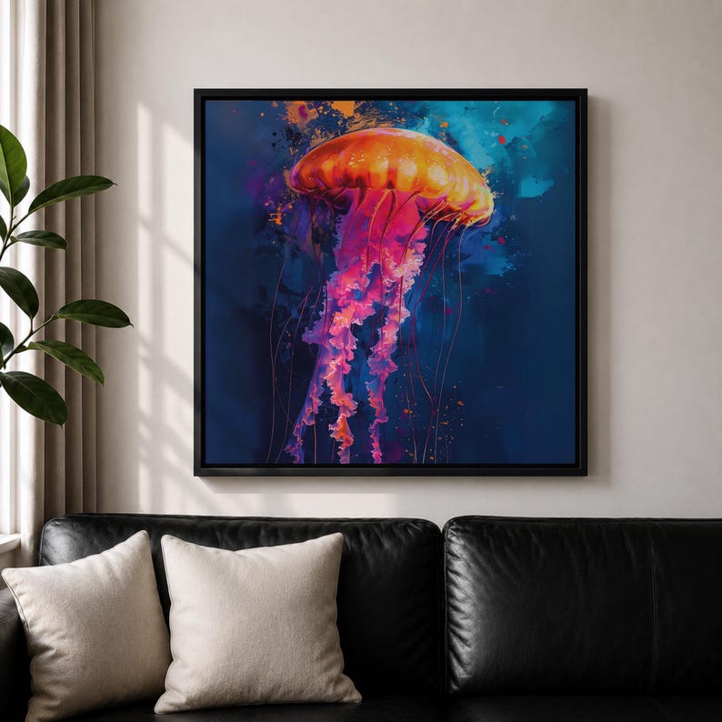 Jellyfish Wall Art Sea Nettle Framed Canvas Marine Life Abstract Ocean Coastal Home Decor