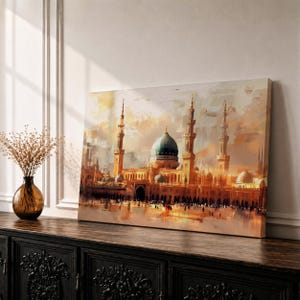Masjid Nabawi Wall Art, Impressionist Medina Painting, Green Dome Canvas, Modern Islamic Decor