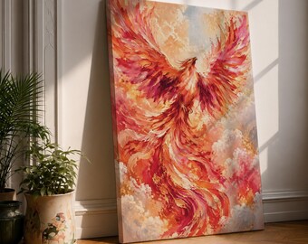 Phoenix Rising Canvas Print, Firebird Wall Art, Vibrant Pink Orange Feathers, Mythical Fantasy Painting