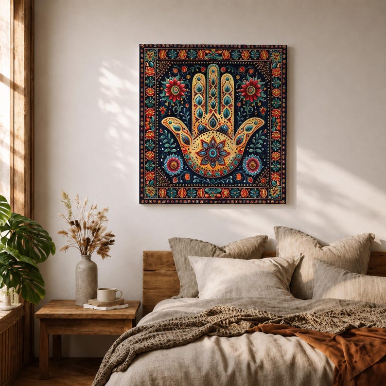 Hamsa Hand Wall Art Evil Eye Framed Canvas Khamsa Persian Boho Protection Home Decor