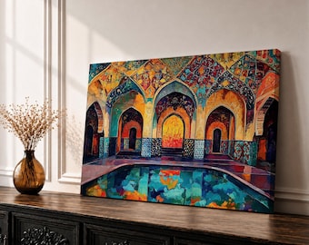 Persian Architecture Wall Art, Colorful Mosque Courtyard Framed Canvas, Mosaic Islamic Home Decor