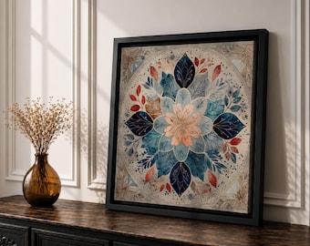 Arabesque Floral Wall Art, Islamic Botanical Canvas, Moroccan Blue Decor