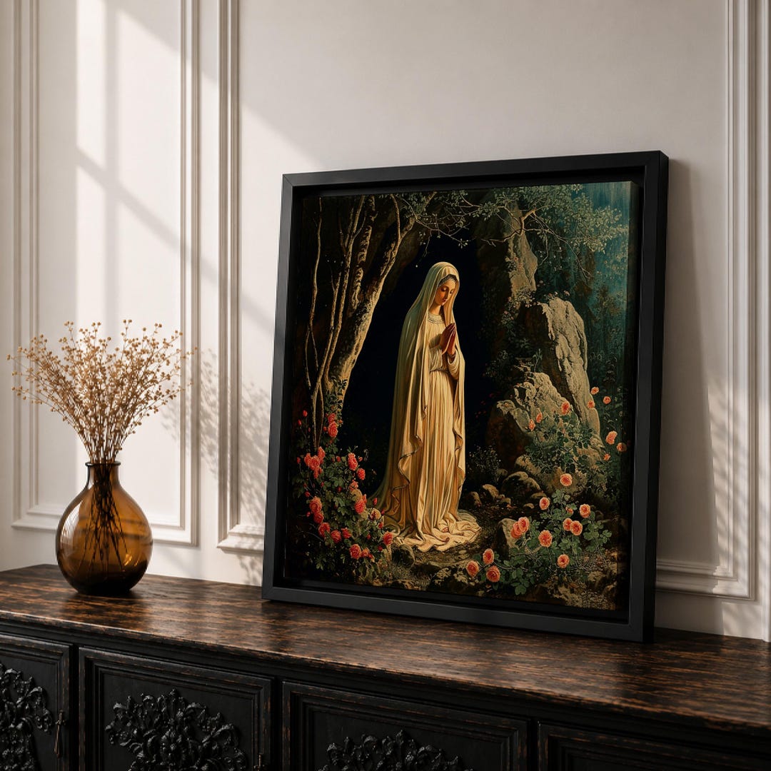 Our Lady of Lourdes Wall Art Virgin Mary Framed Canvas Catholic Prayer ...