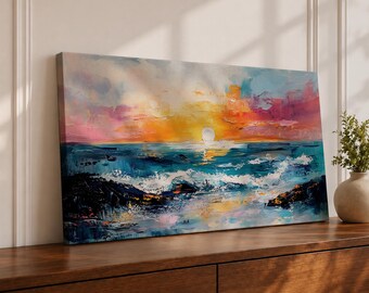 Ocean Sunset Panoramic Wall Art Seascape Extra Wide Framed Canvas Beach Waves Landscape Decor