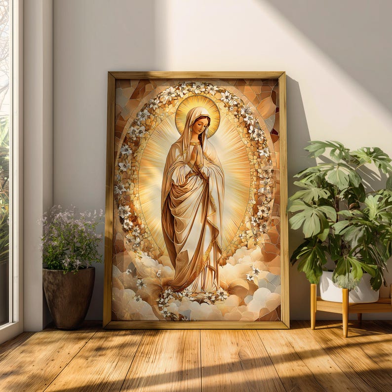 Virgin Mary Wall Art Sacred Madonna Framed Canvas Catholic Stained ...