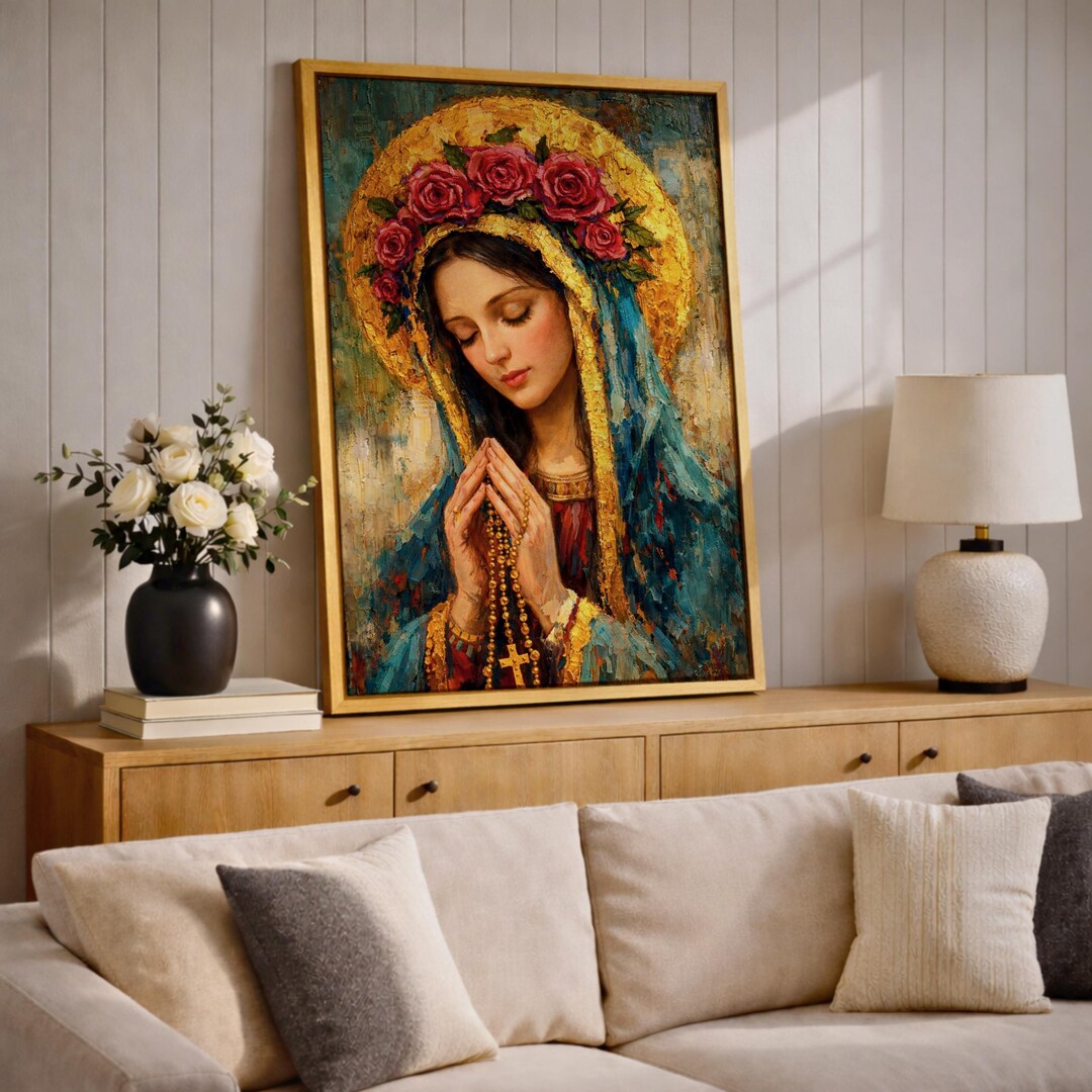 Virgin Mary Wall Art Madonna Portrait Framed Canvas Rosary Impasto ...