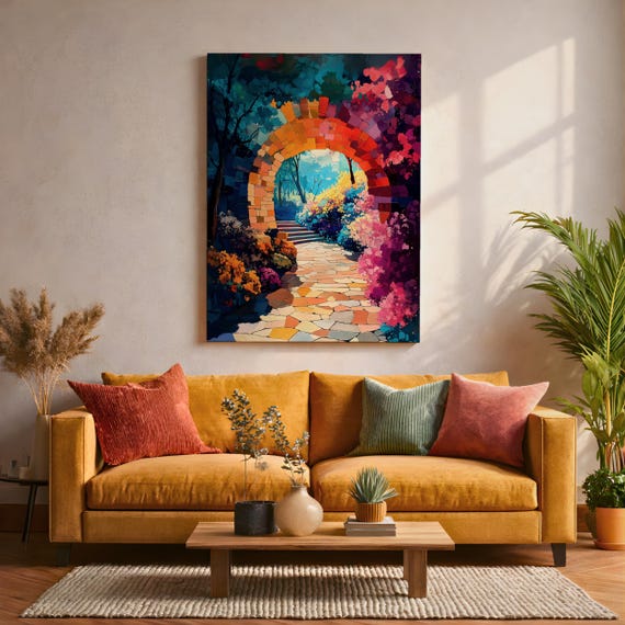 Garden Archway Wall Art Stone Arch Framed Canvas Floral Pathway Landscape Living Room Decor
