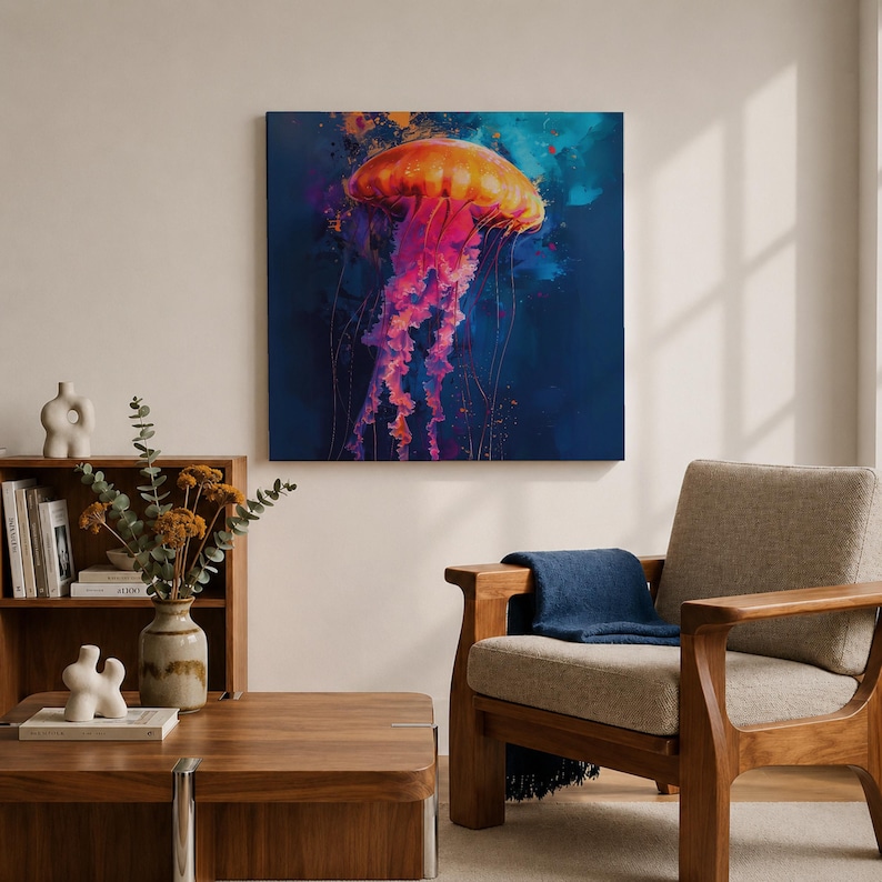 Jellyfish Wall Art Sea Nettle Framed Canvas Marine Life Abstract Ocean Coastal Home Decor