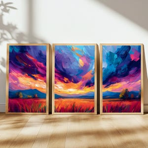 Sunset Landscape Triptych Art Print: Vibrant Nature-inspired Modern Decor (Digital Download)