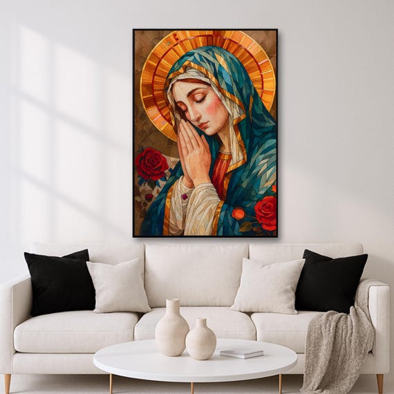 Stained Glass Virgin Mary Art: Blessed Mother Catholic Wall Print