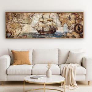 Vintage Nautische Wandkunst, Langer, schmaler Panorama-Schiffsdruck, Antike Karte Dekor über Sofa oder Bett, übergroßer maritimer digitaler Download