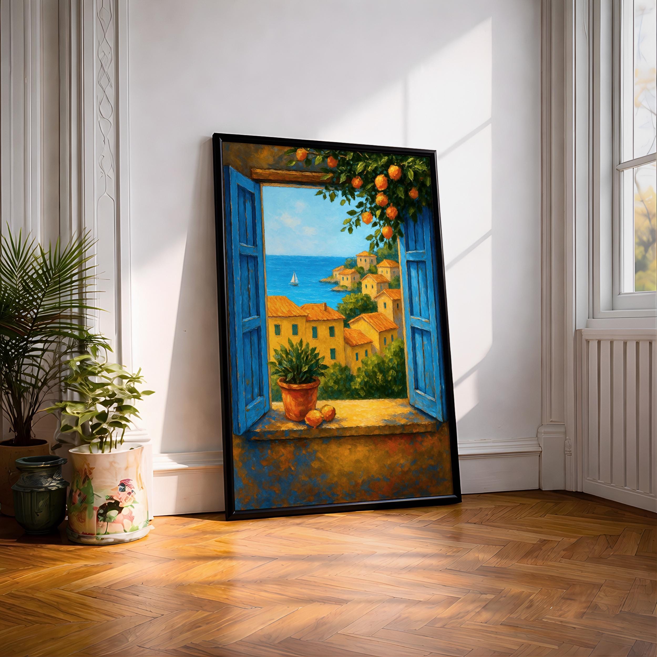 Mediterranean Window Wall Art Coastal Seaside Village View Framed