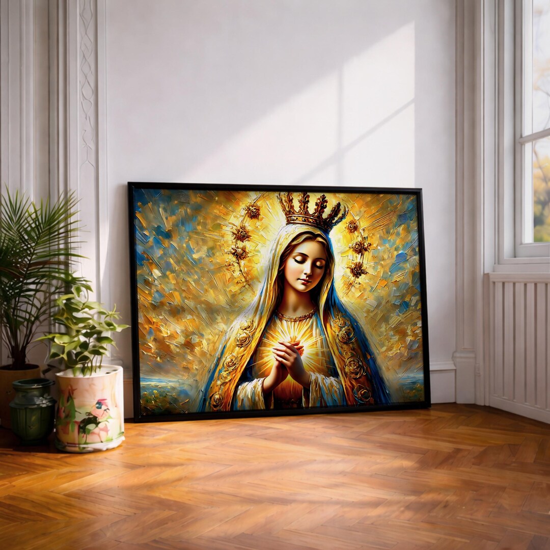 Sacred Heart of Mary Wall Art Blessed Virgin Framed Canvas Impasto ...