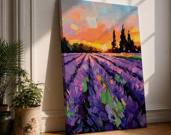 Lavender Field Wall Art Provence Landscape Framed Canvas Impasto Rustic Farmhouse Living Room Decor