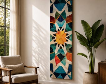Islamic Mosaic Tall Narrow Wall Art Moorish Tile Long Vertical Framed Canvas Boho Decor
