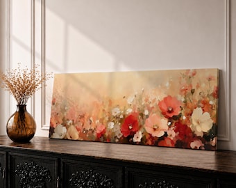 Blush bloemen lange smalle muur kunst wilde bloemen veld panoramisch ingelijst canvas cottage decor