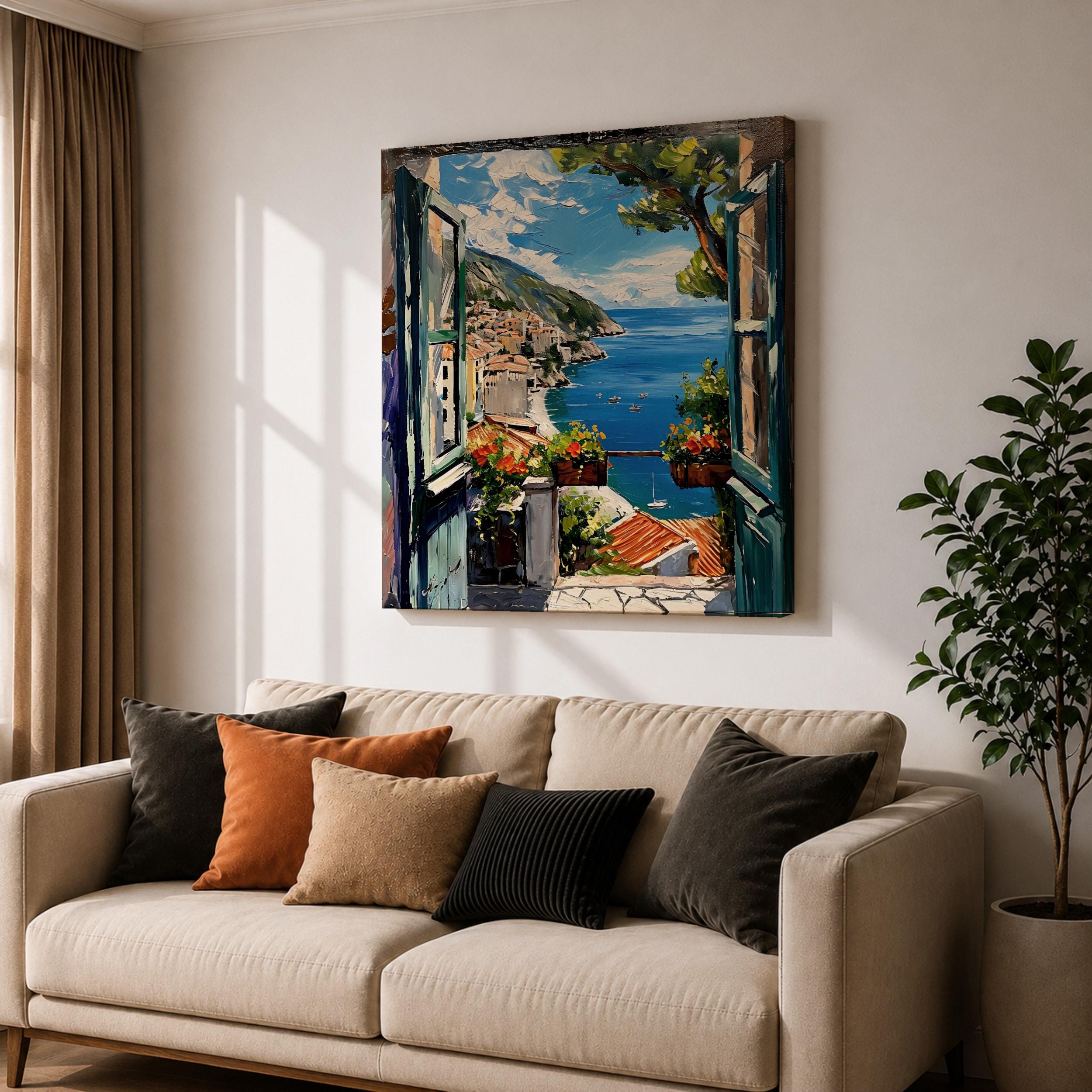 Mediterranean Window View Wall Art Coastal Seaside Framed Canvas Ocean ...