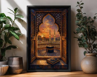 Kaaba Wall Art Arch Window View Framed Canvas Masjid al Haram Islamic Home Decor