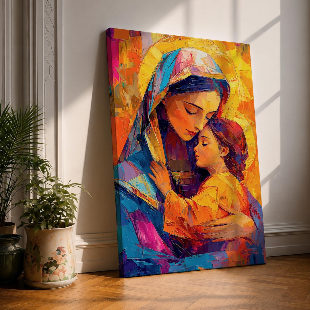 Mary and Child Wall Art Mother Embrace Framed Canvas Christian Mosaic ...