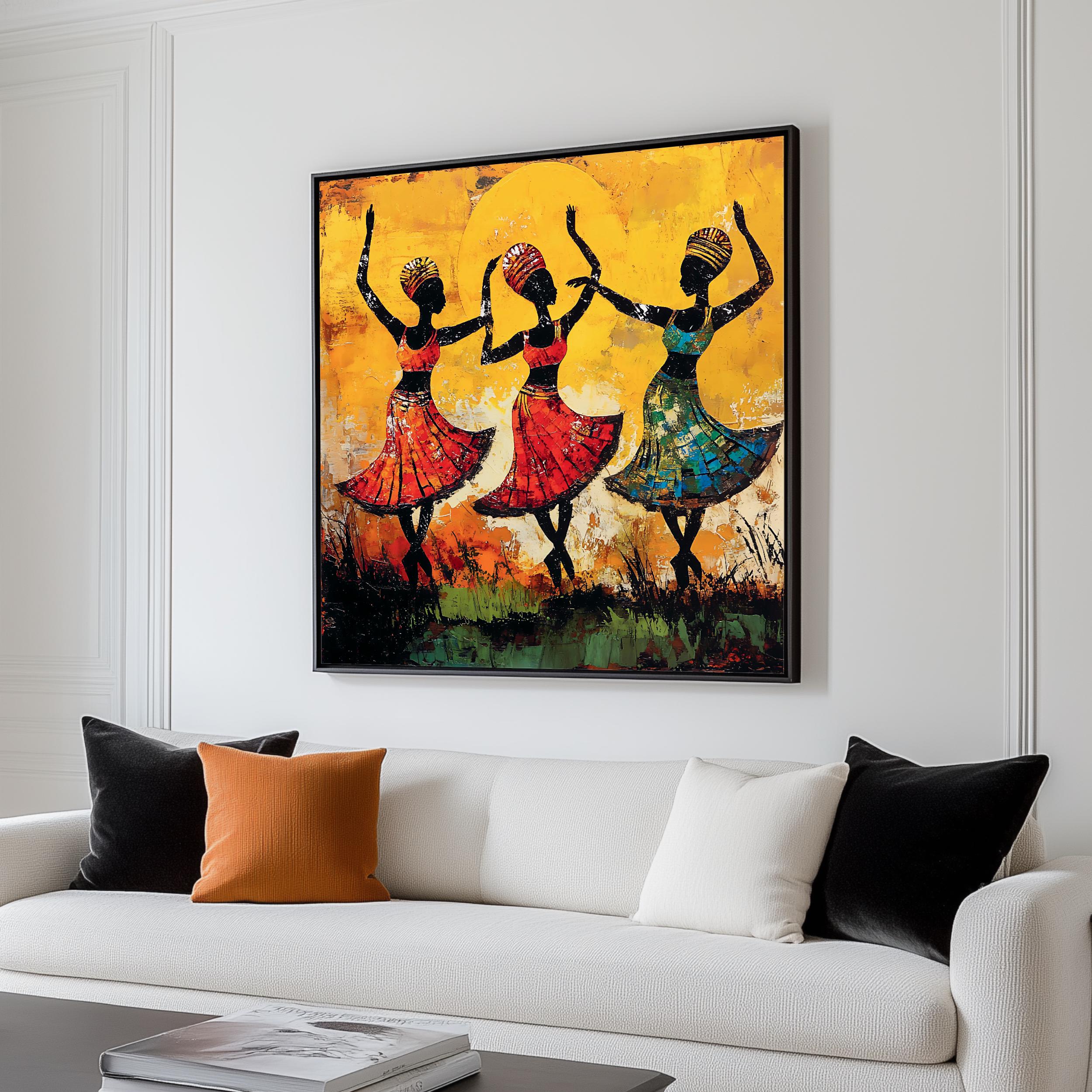 そろそろ残り少なく（´-`）【インド布絵】「GARWA DANCE」／送料込 African Dance Wall Art: Vibrant Tribal Impasto Decor (digital