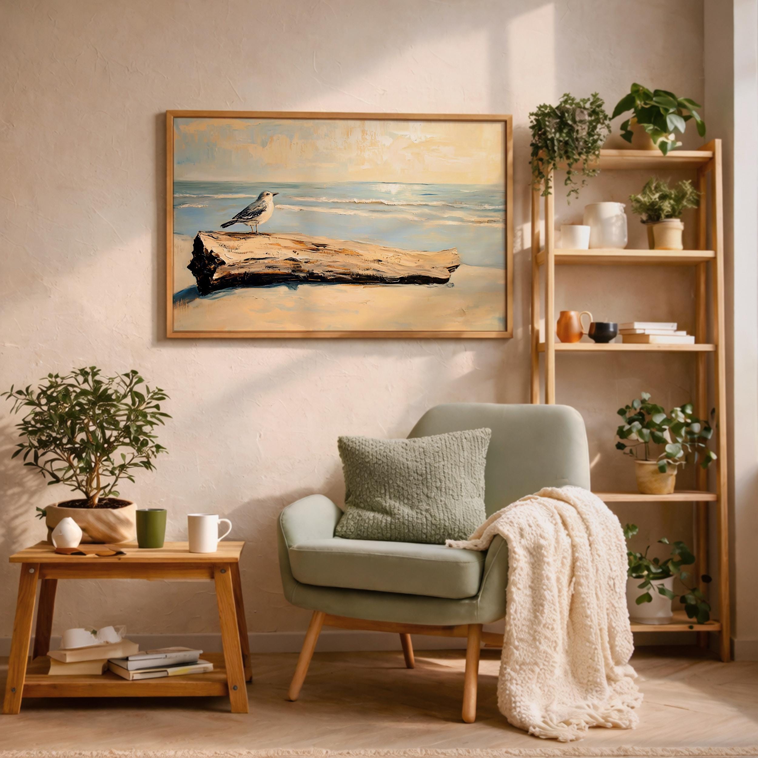 Seagull Wall Art Ocean Bird Framed Canvas Driftwood Coastal Nautical ...