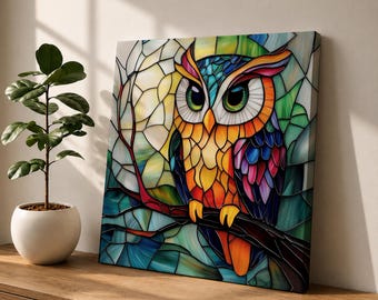 Owl Wall Art Night Bird Framed Canvas Stained Glass Colorful Boho Wall Home Decor