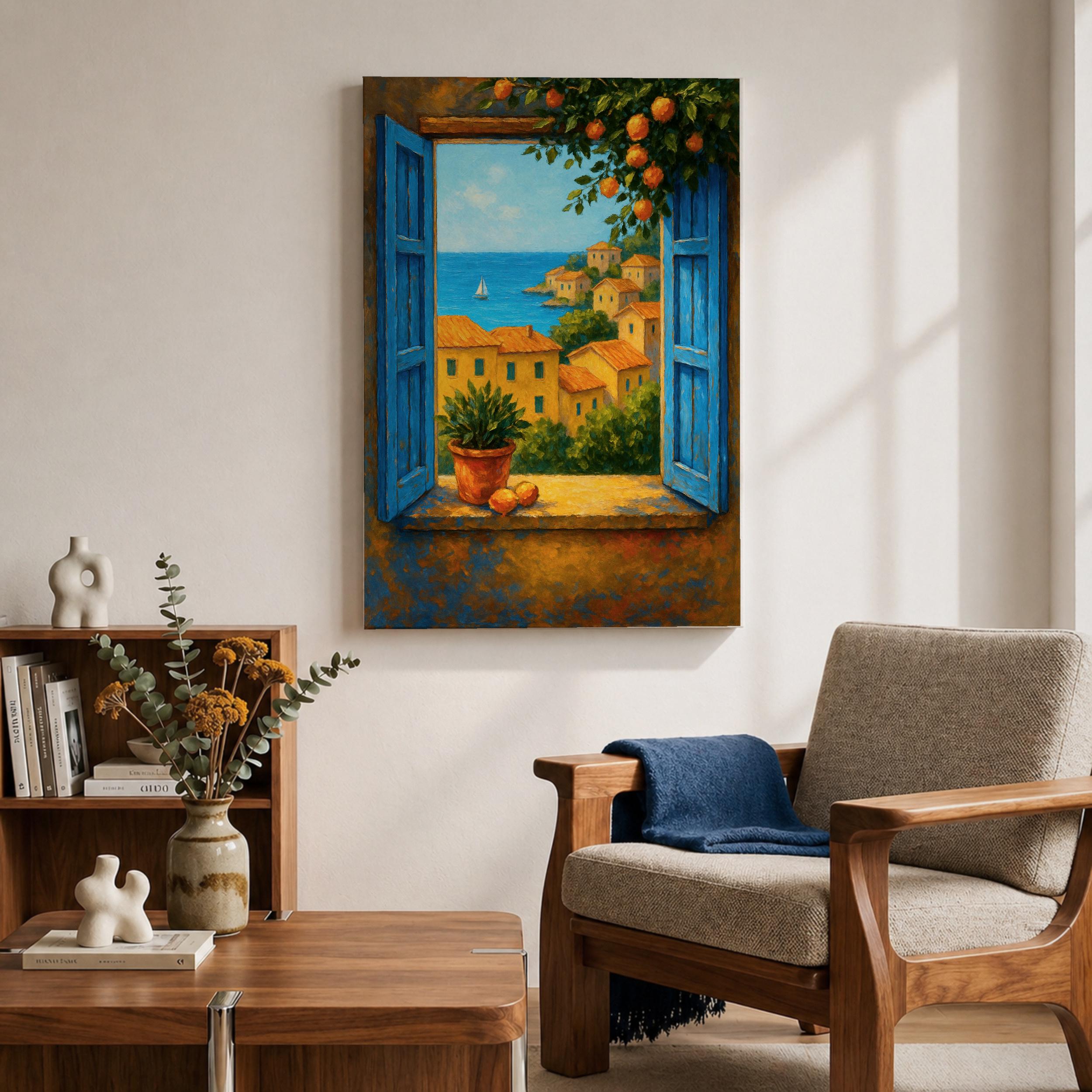 Mediterranean Window Wall Art Coastal Seaside Village View Framed