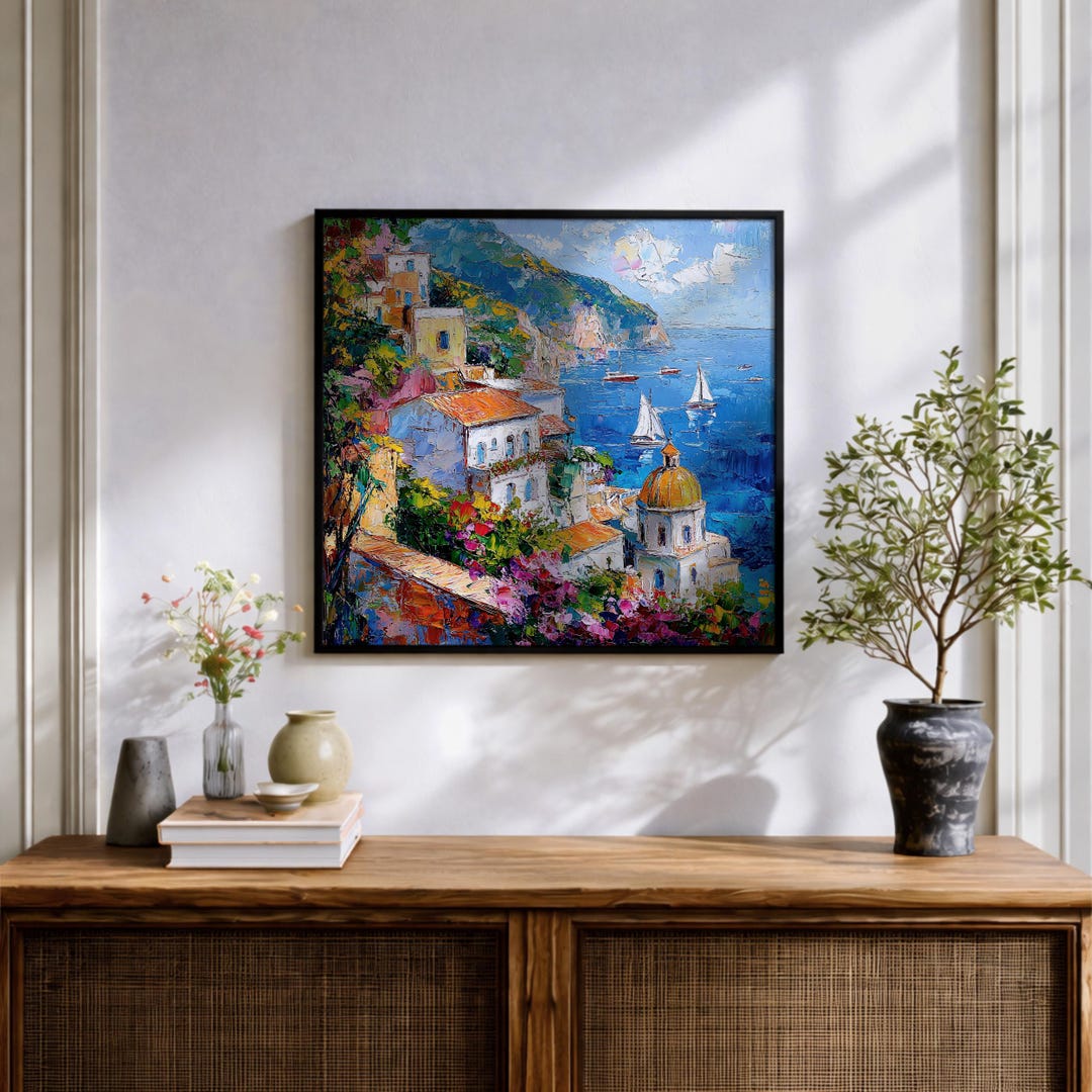 Amalfi Coast Wall Art Mediterranean Italy Framed Canvas Coastal Village ...