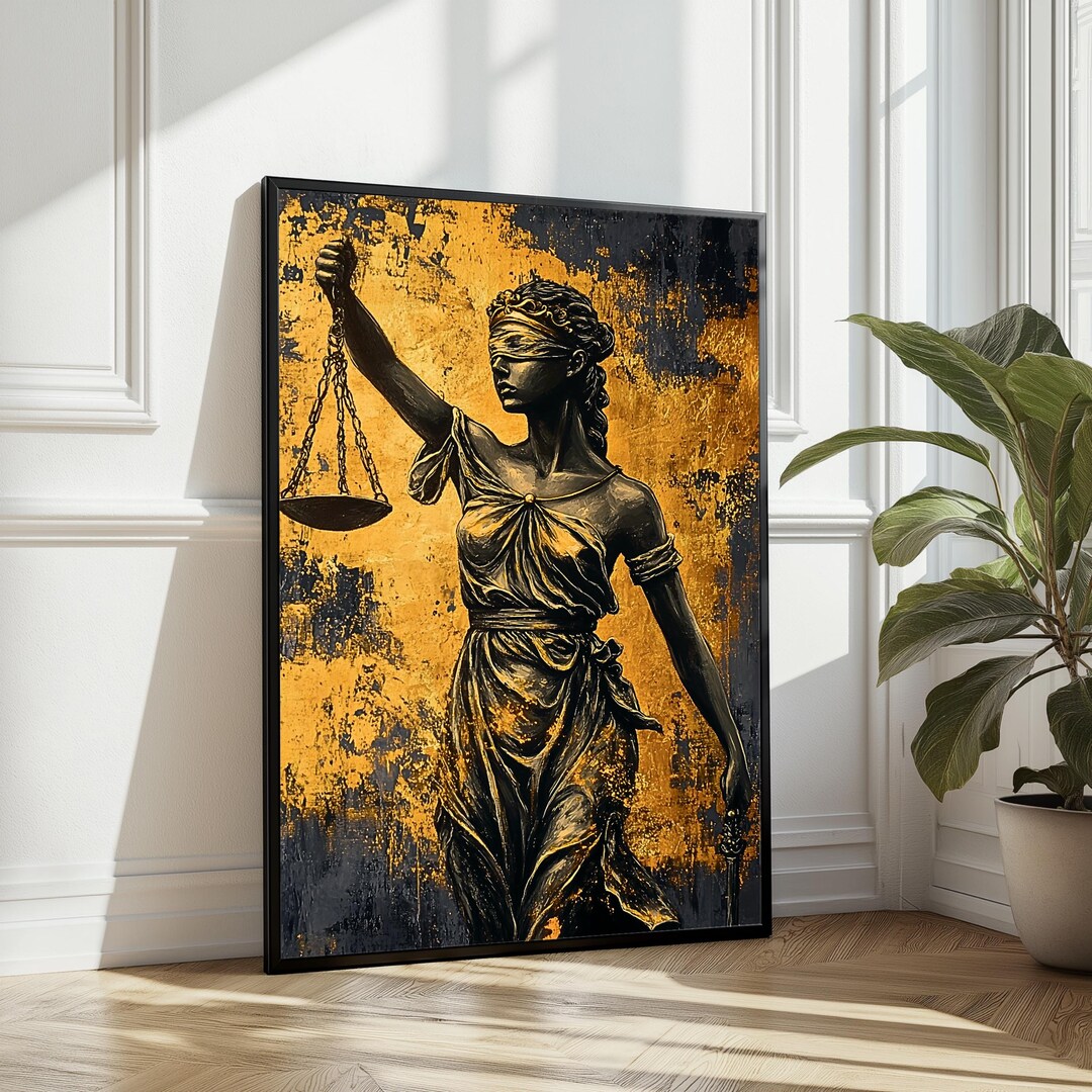 Lady Justice Wall Art, Blindfolded Justice Statue, Gold Black Digital ...