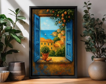 Mediterranean Window Wall Art Coastal Seaside Village View Framed Canvas Italian Landscape Decor