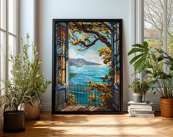 Mediterranean Balcony Wall Art Coastal Ocean View Framed Canvas
