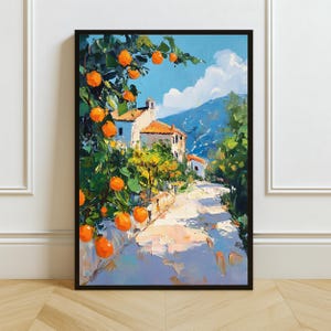 Mediterranean Landscape Wall Art Print | Digital Orange Grove Artwork | Rustic Countryside Decor