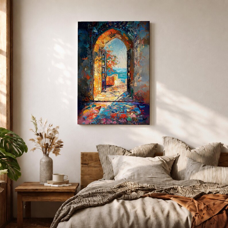 This impasto style painting depicts a Moroccan archway opening to a vibrant ocean view with bright sunlight illuminating textured stone walls and colorful mosaic floor tiles, capturing the essence of Moorish architectural design and coastal cultural scenery.