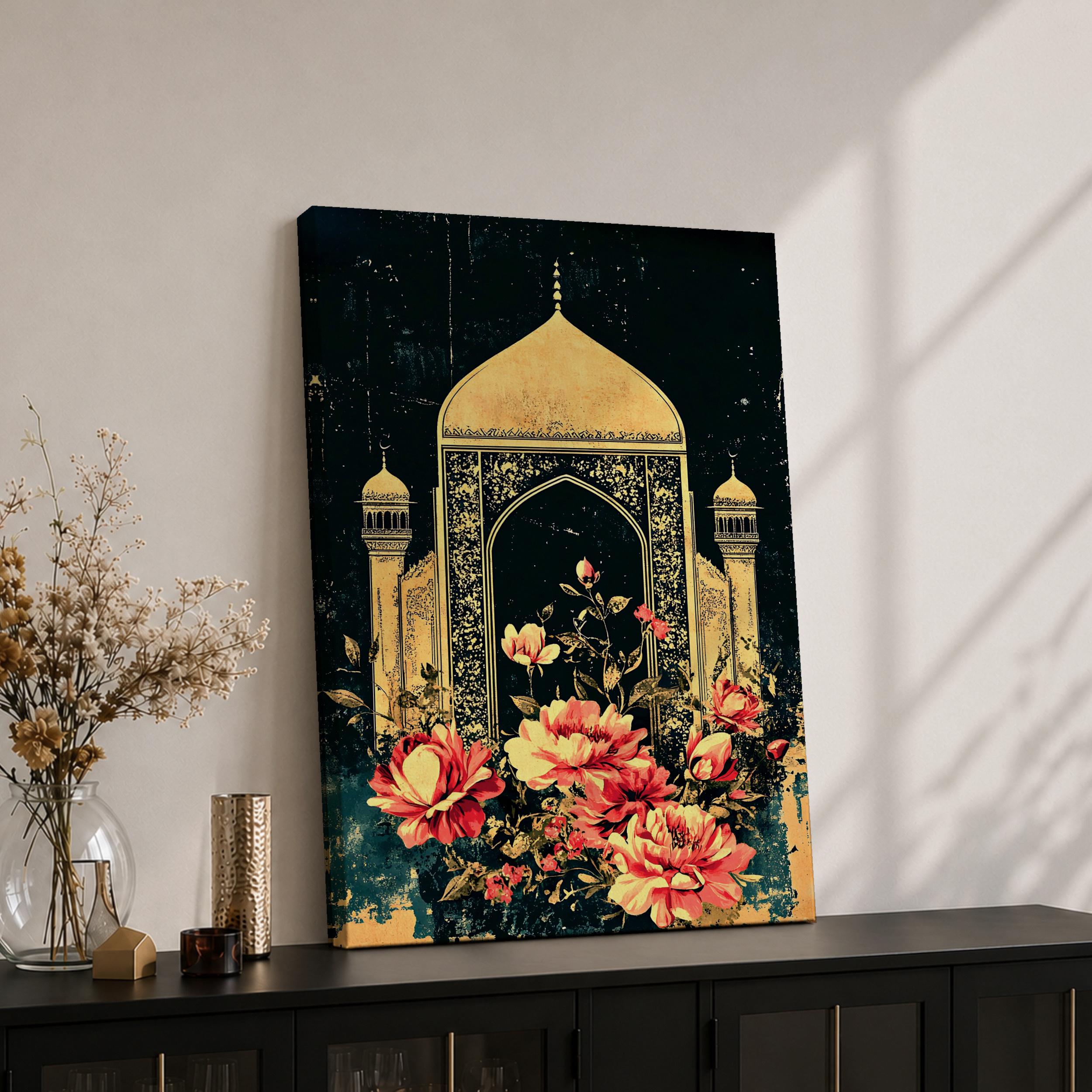 Islamic Mihrab Wall Art Floral Archway Framed Canvas Gold Dome