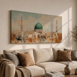 Masjid Nabawi Panoramic Wall Art Prophets Mosque Extra Wide Framed Canvas Medina Islamic Decor