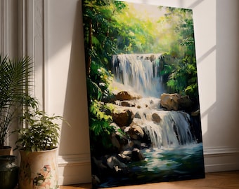 Tropical Waterfall Wall Art Rainforest Cascade Framed Canvas Lush Forest Landscape Living Room Decor