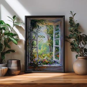 Gartenfenster Wand Kunst Cottage Fenster gerahmte Leinwand botanische Blumen rustikale Wohnzimmer Dekor