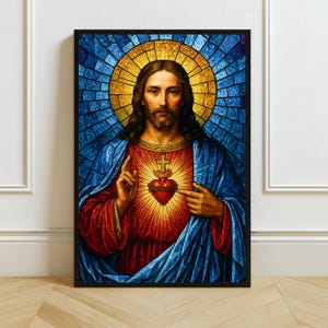 Sacred Heart of Jesus Stained Glass Art: Christian Wall Decor (Digital / Print / Canvas / Framed)