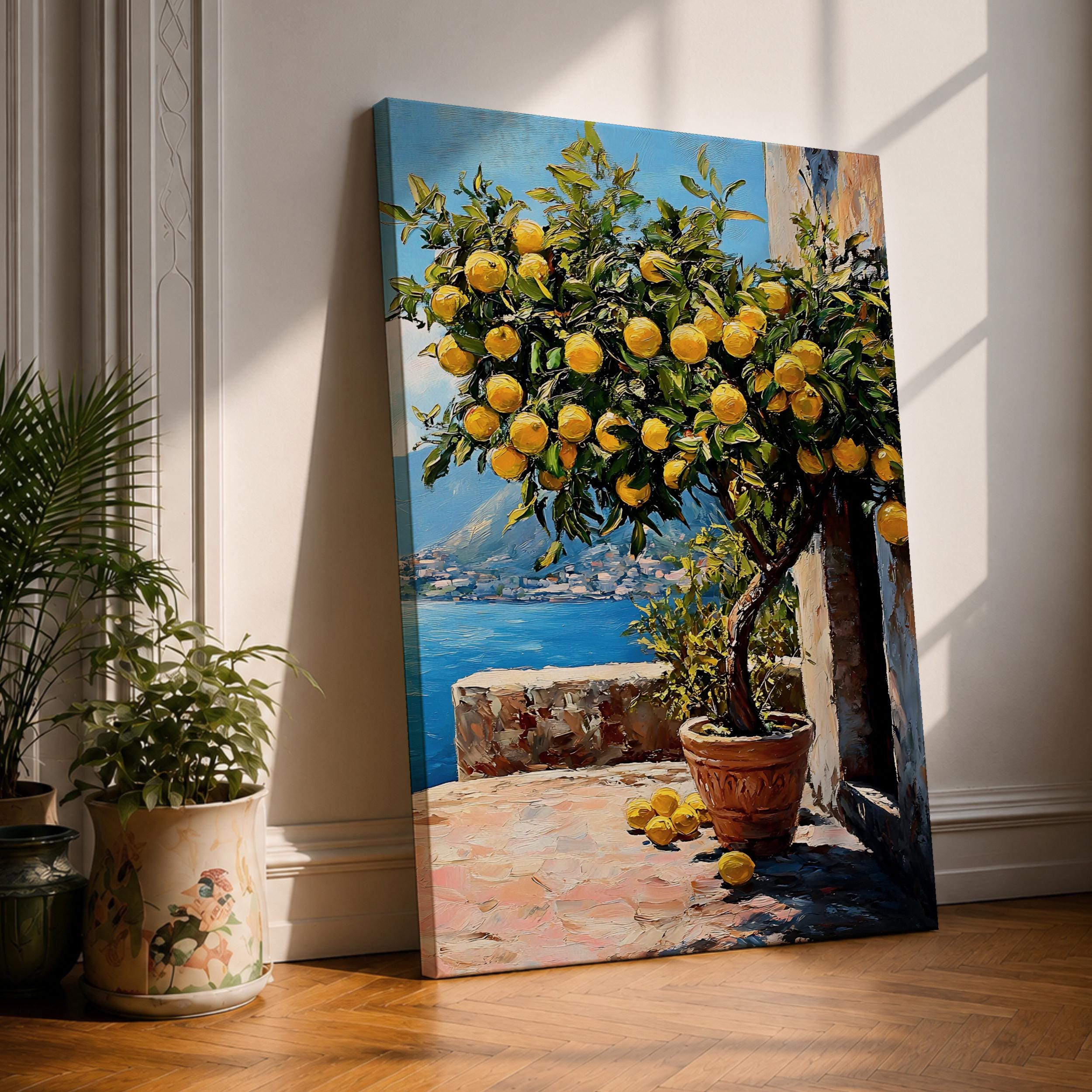 Mediterranean Lemon Tree Wall Art Coastal Citrus Framed Canvas