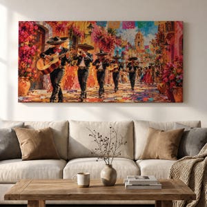 May include: A rectangular wall art print depicting a group of five mariachi musicians walking down a vibrant street. The musicians wear black charro suits and sombreros, playing guitars and trumpets. The scene features colourful flowers and banners.