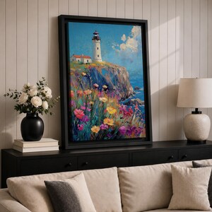 Lighthouse Wall Art, Coastal Wildflower Cliff Abstract Canvas Print, Living Room Decor image 9